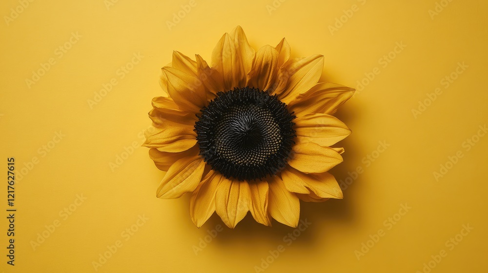 Poster yellow sunflower on a solid yellow background with ample copy space for text placement.