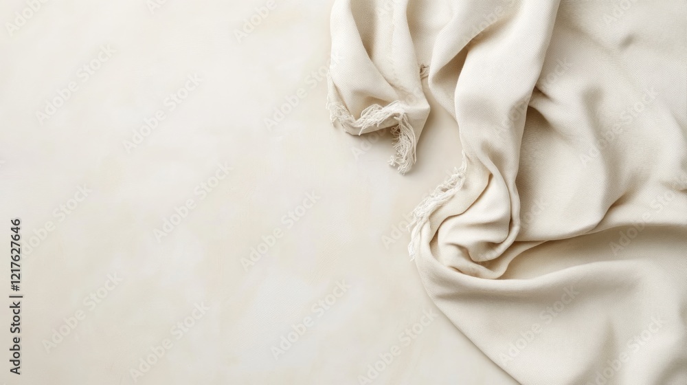 Poster soft beige fabric draped elegantly with textured edges and gentle folds on a light background with c