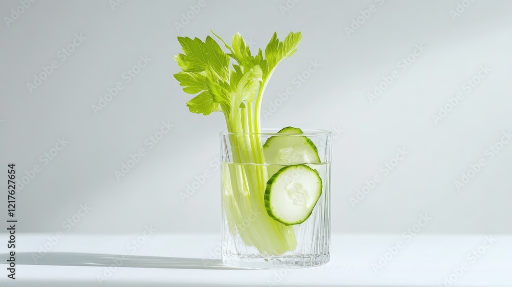 Poster fresh celery and cucumber slices in a glass of water with bright lighting and minimalistic backgroun