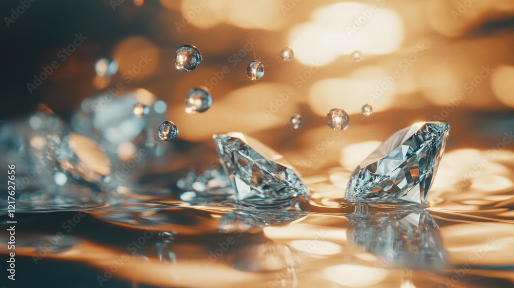 Poster glittering diamonds splashing in water with golden bokeh background and copy space for text or desig