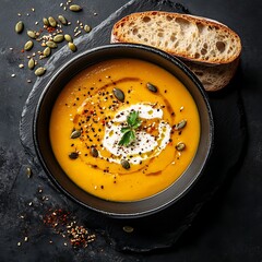 Pumpkin soup with cream, pumpkin seeds and freshly baked baguette on black background, top view