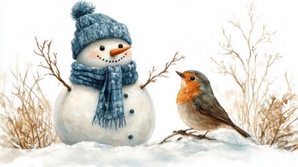 Obraz premium Friendly snowman wearing a blue hat and scarf with a robin perched nearby in a winter scene.