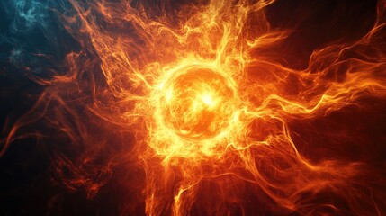 Abstract fiery sun with swirling flames and glowing energy on a dark background featuring Copy Space for creative applications