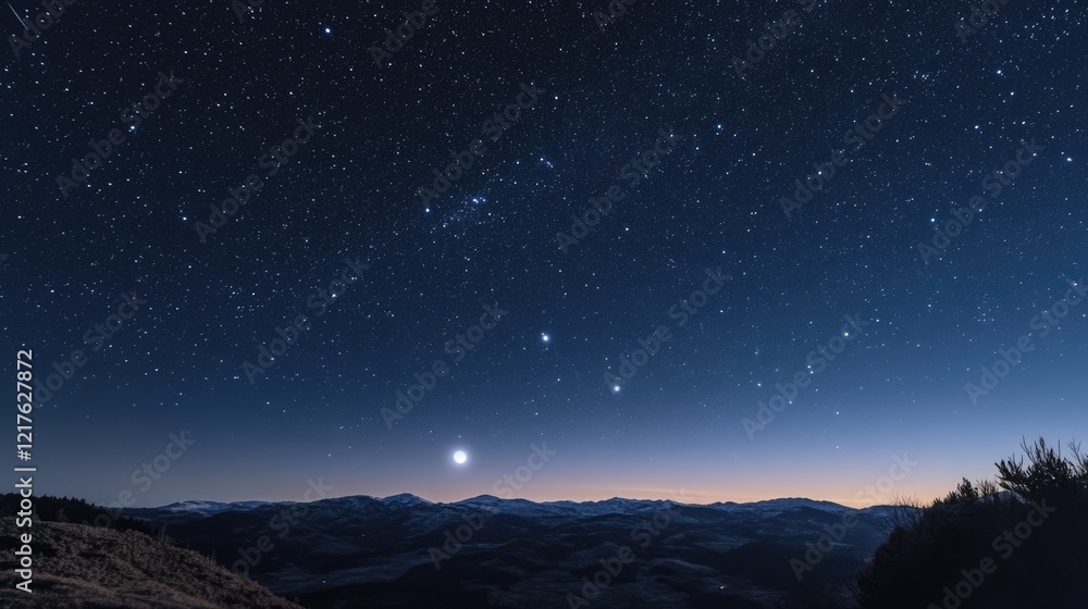 Poster night sky with stars and planets visible over mountain range during twilight, featuring copy space f