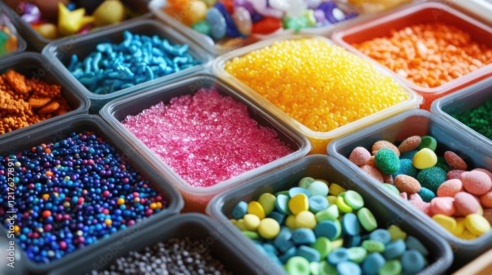 Poster various colorful candies and decorative sprinkles in clear containers arranged in a grid pattern wit