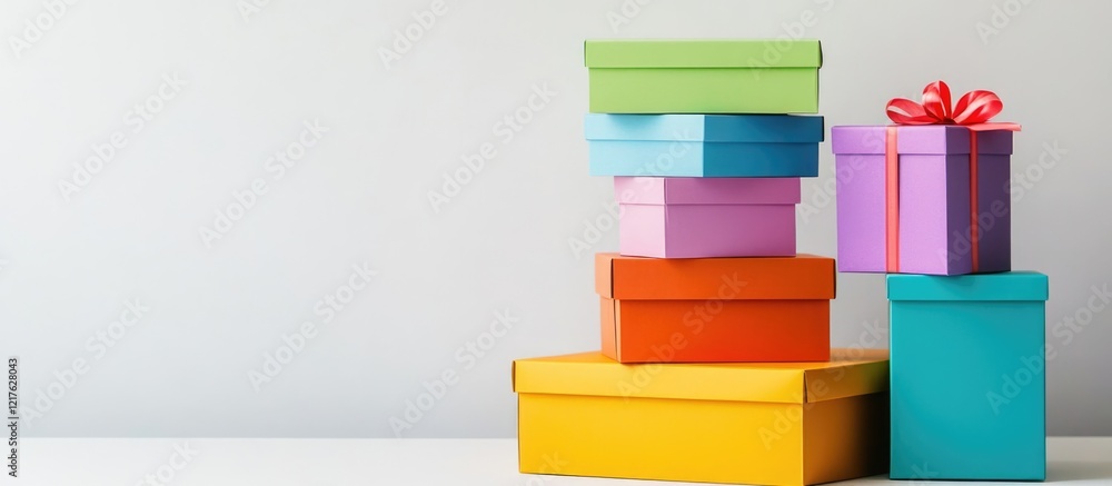 Poster colorful stacked gift boxes with ribbons on a light background and ample copy space for text placeme