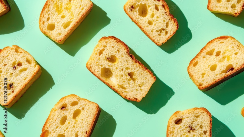 Poster sliced yellow bread with raisins arranged on a bright green background with shadows and copy space f