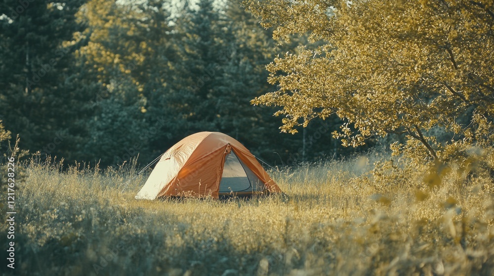 Poster tent set up in a grassy field surrounded by trees in autumn with warm lighting and copy space for te