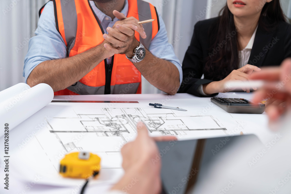 Aufkleber diverse group of civil engineer and client working together on architectural project, reviewing cons