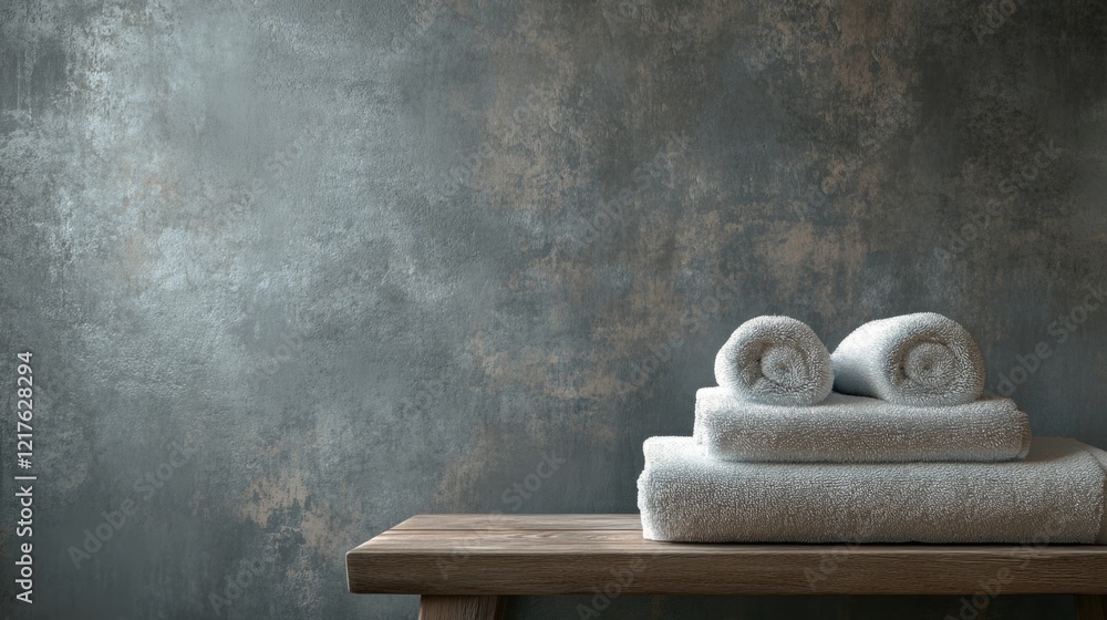 Poster stack of clean gray towels neatly arranged on a wooden table against a textured gray wall with copy 