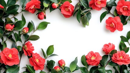 Red camellia flowers and green leaves arrangement on white background with ample copy space for text insertion