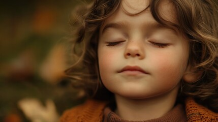 Fototapeta premium Child with curly hair peacefully resting outdoors, eyes closed, surrounded by nature with autumn leaves, Copy Space.