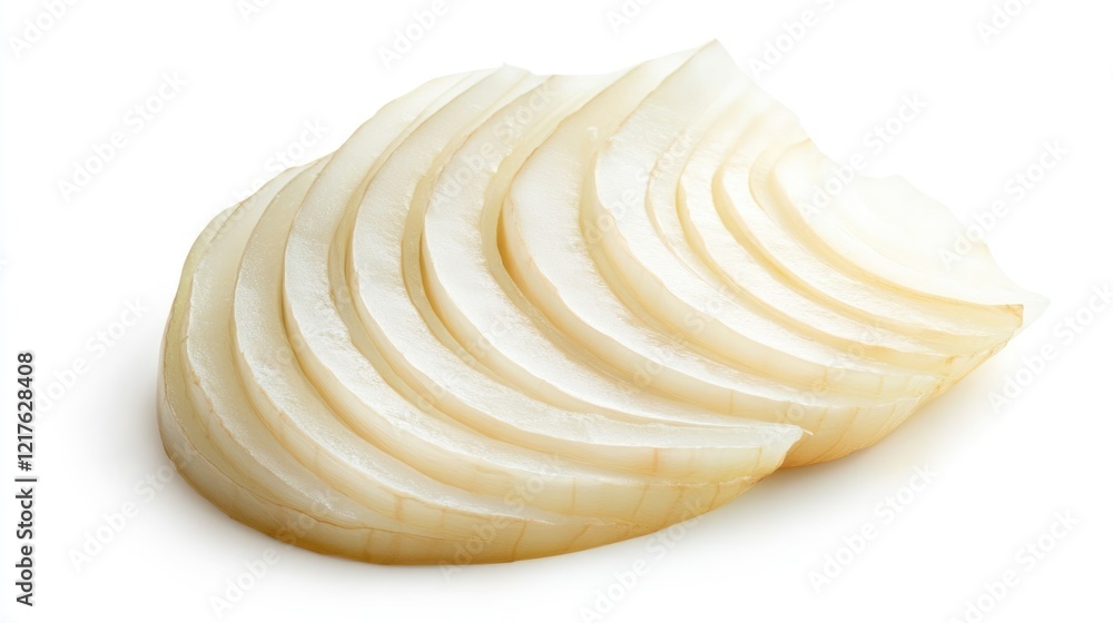 Poster sliced onion rings arranged neatly on a white background with ample copy space for text placement
