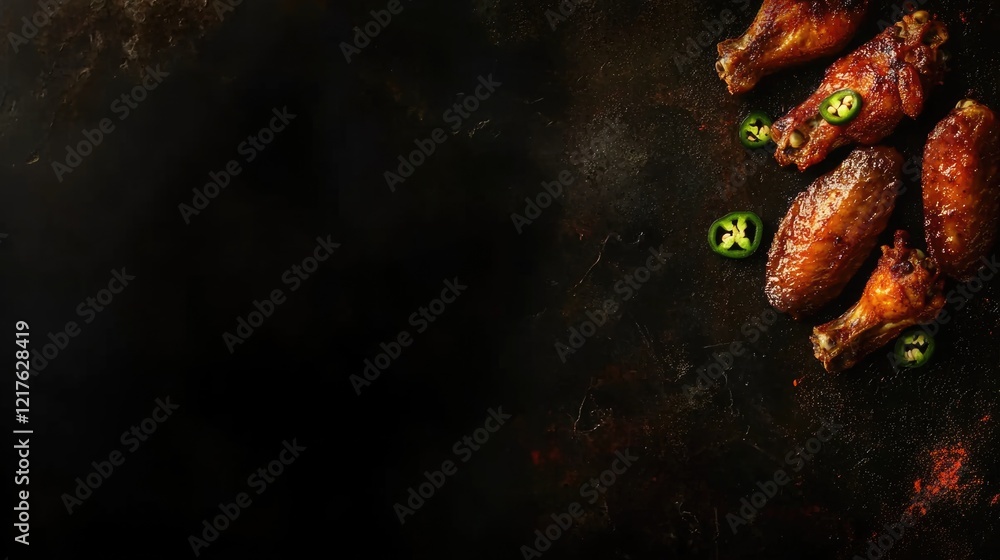 Poster grilled chicken wings on dark background with jalapeno slices and copy space for text