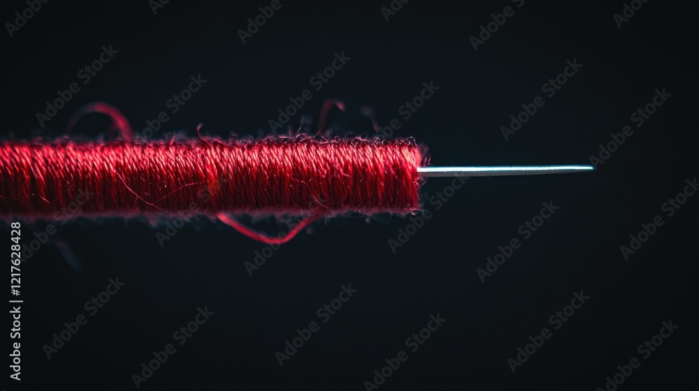 Poster close-up of a needle threaded with red sewing thread against a dark background with copy space for t