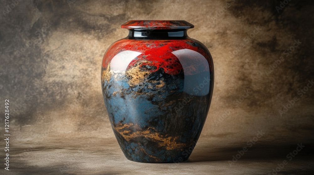 Poster decorative ceramic urn with abstract multi-color glaze design on textured background copy space