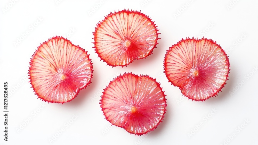 Poster red radish slices on white background with copy space for text placement