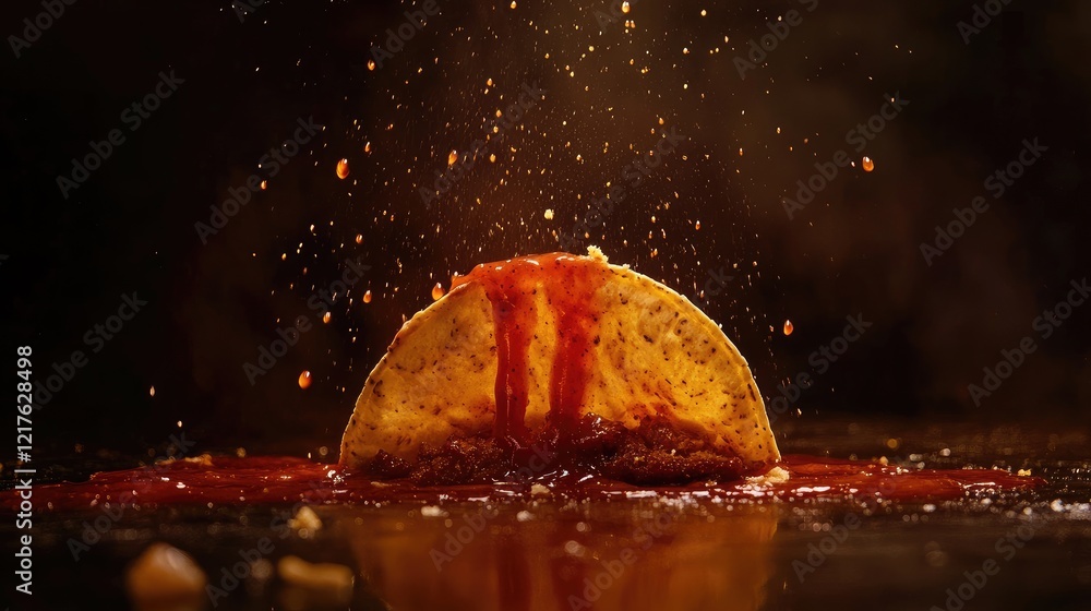 Poster taco with sauce splash on dark background with copy space for text