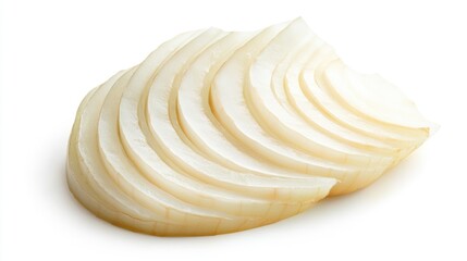 Sliced onion rings arranged neatly on a white background with ample copy space for text placement