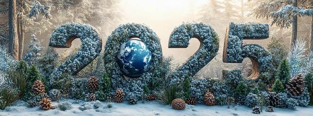 Lush 2025 numbers with Earth globe amidst snowy forest setting, new year, Earth Day