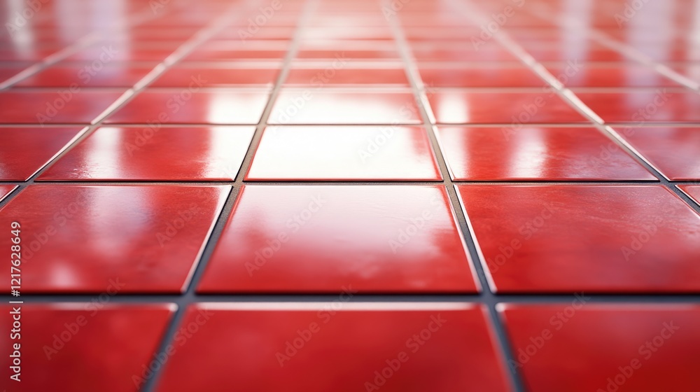 Poster red glossy tile floor with reflections and copy space for text