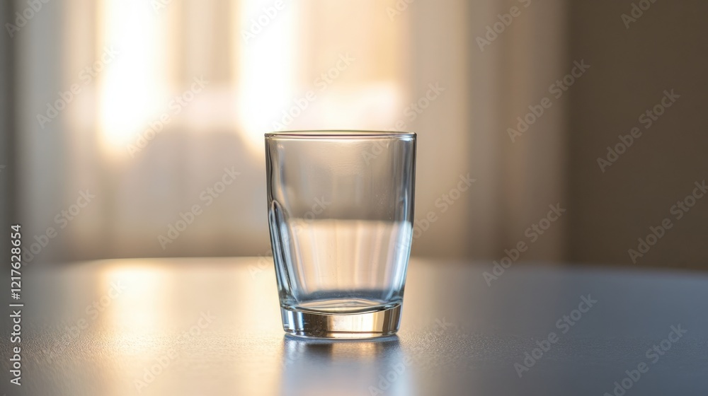 Poster empty glass on a table with soft natural light and blurred background window curtains copy space