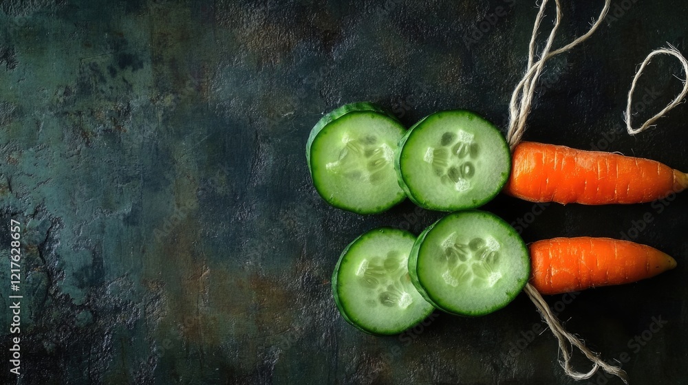 Poster freshly sliced cucumber and carrots arranged creatively on dark textured background with copy space.