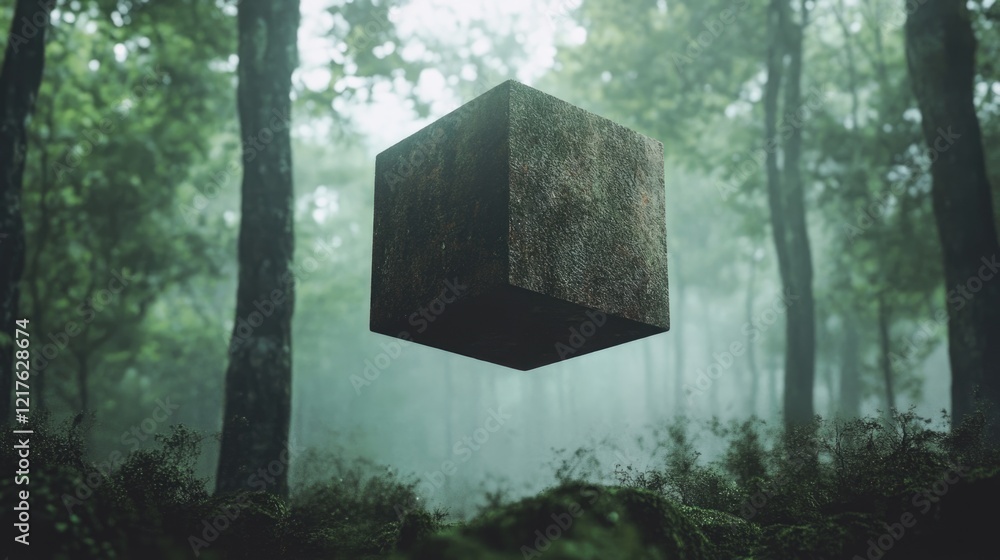 Poster floating stone cube in misty forest surrounded by green trees with natural light and copy space for 