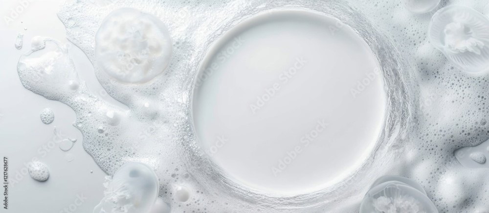 Poster white circular bowl in creamy milk and bubbles with smooth texture and copy space for design element