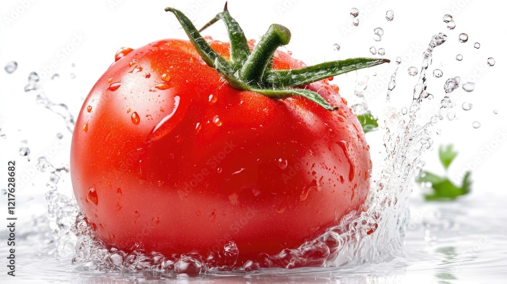 Poster fresh ripe tomato splashing into water with droplets and copy space for text usage