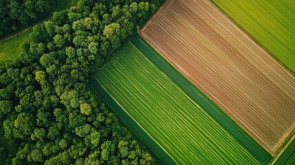 Aerial view of agricultural fields with contrasting green and brown plots adjacent to a forest border Copy Space