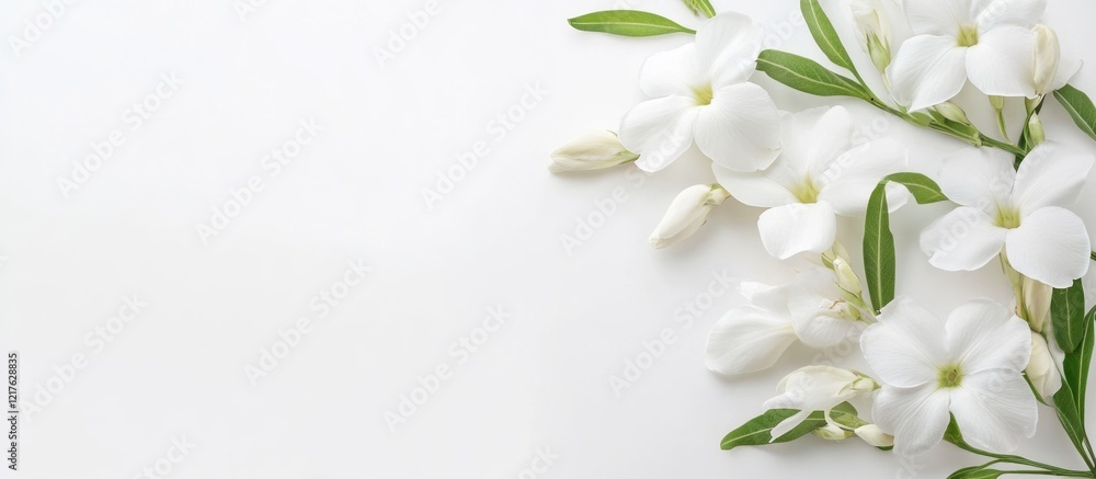 Poster white jasmine flowers with green leaves arranged on a plain background with ample copy space for tex