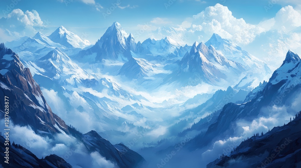 Poster snowcapped mountain range landscape with cloudy sky and layered valleys in a tranquil setting copy s