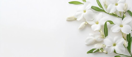 White jasmine flowers with green leaves arranged on a plain background with ample copy space for text placement
