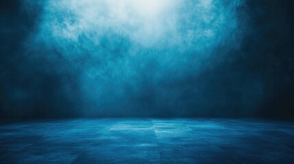 Blue misty background with dramatic lighting and textured floor for creative projects Copy Space
