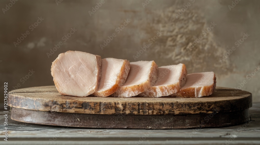 Poster sliced cooked ham arranged on a round wooden cutting board with a textured background and copy space
