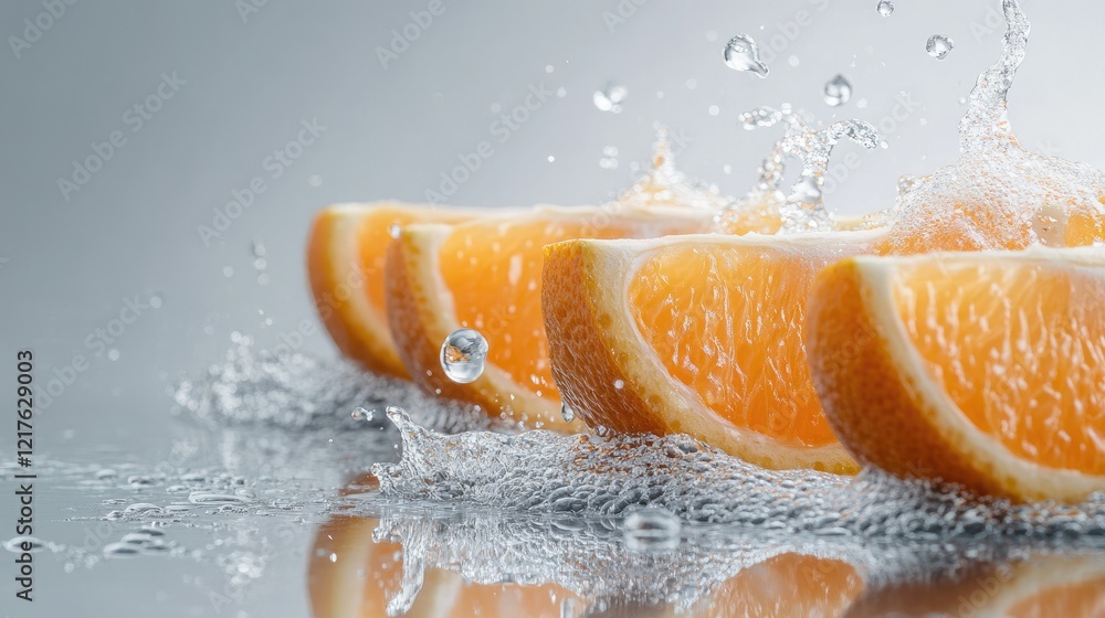 Poster sliced oranges splashing in water with droplets on a reflective surface copy space