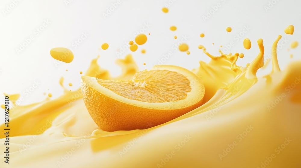 Poster fresh lemon slice surrounded by splashes of yellow liquid on white background with ample copy space 
