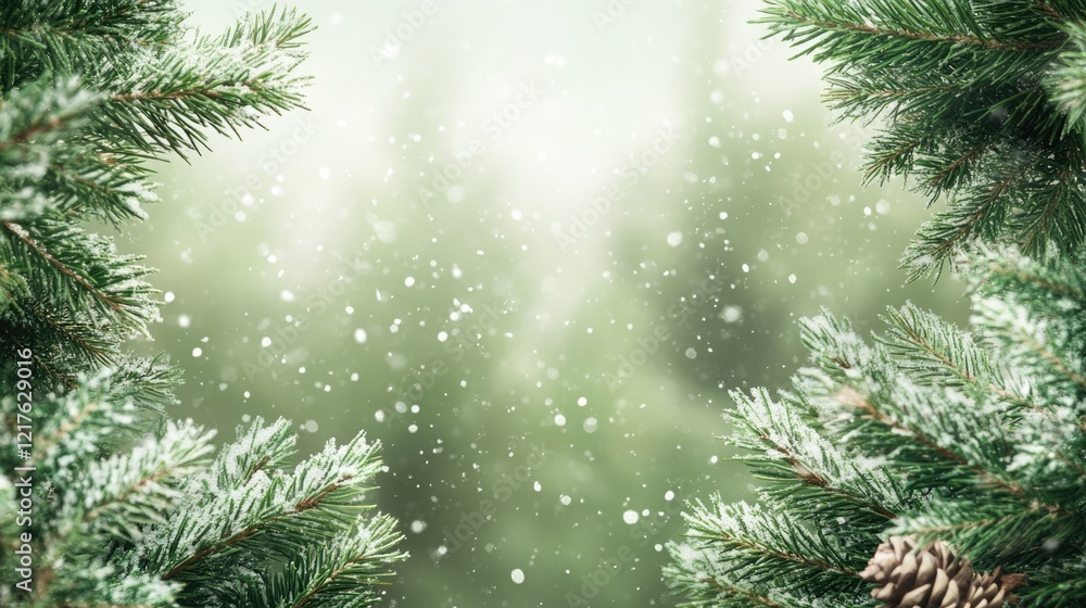 Poster snowfall through evergreen tree branches with blurred forest background and copy space for text.