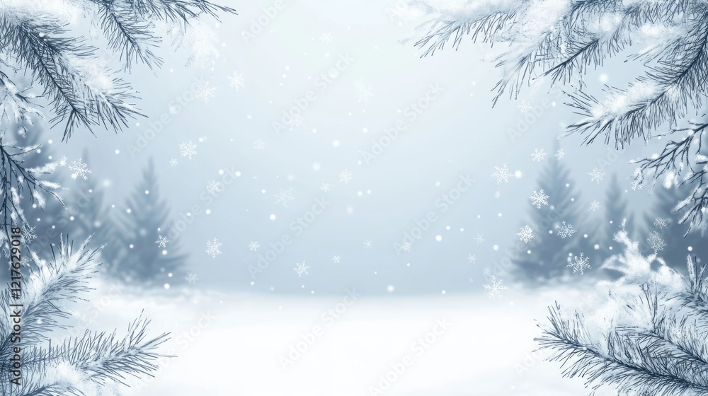 Poster winter forest landscape with snow falling in a foggy atmosphere surrounded by evergreen branches wit