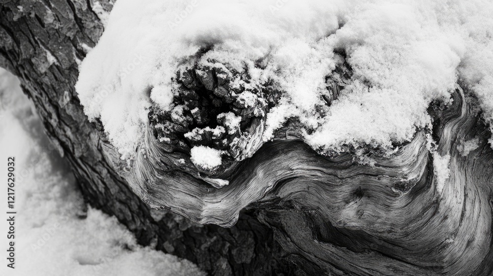 Poster snow-covered tree bark with intricate textures and patterns in black and white with copy space for t