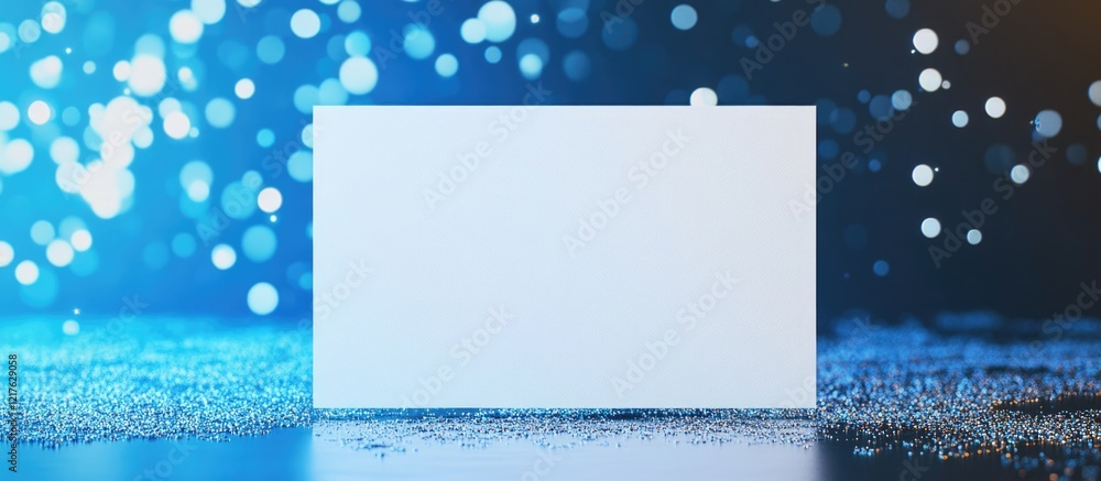 Aufkleber blank white card on a blue bokeh background with copy space for text or graphics