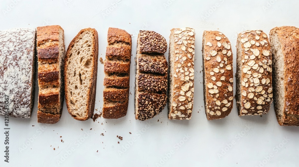Poster sliced assortment of whole grain and artisanal breads displayed on a white surface with copy space f