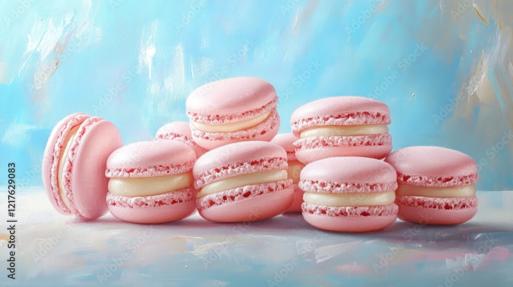 Poster Assorted pink macarons on a light background with copy space for text