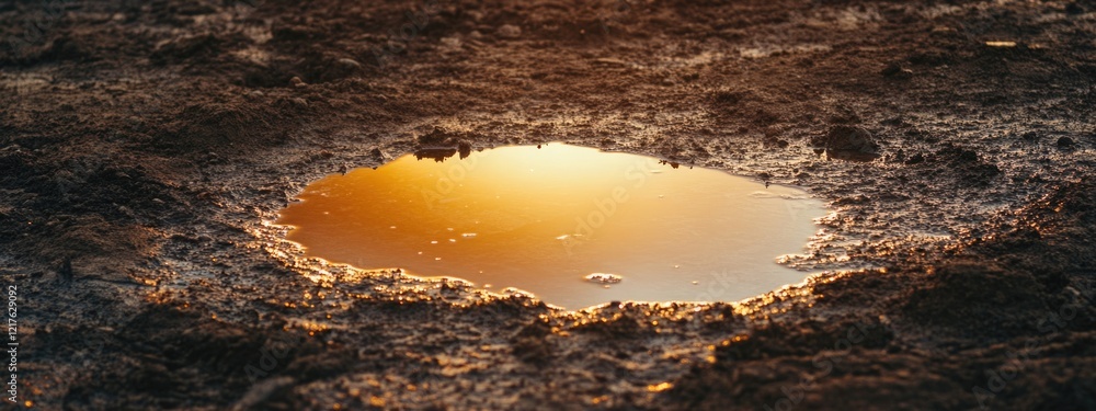 Poster reflection of sunset in a small puddle on muddy ground with texture and colors of nature copy space