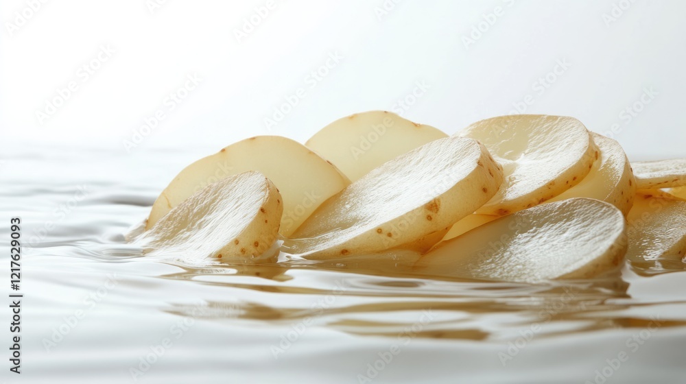 Poster sliced raw potatoes floating on water with soft reflection and copy space for text.