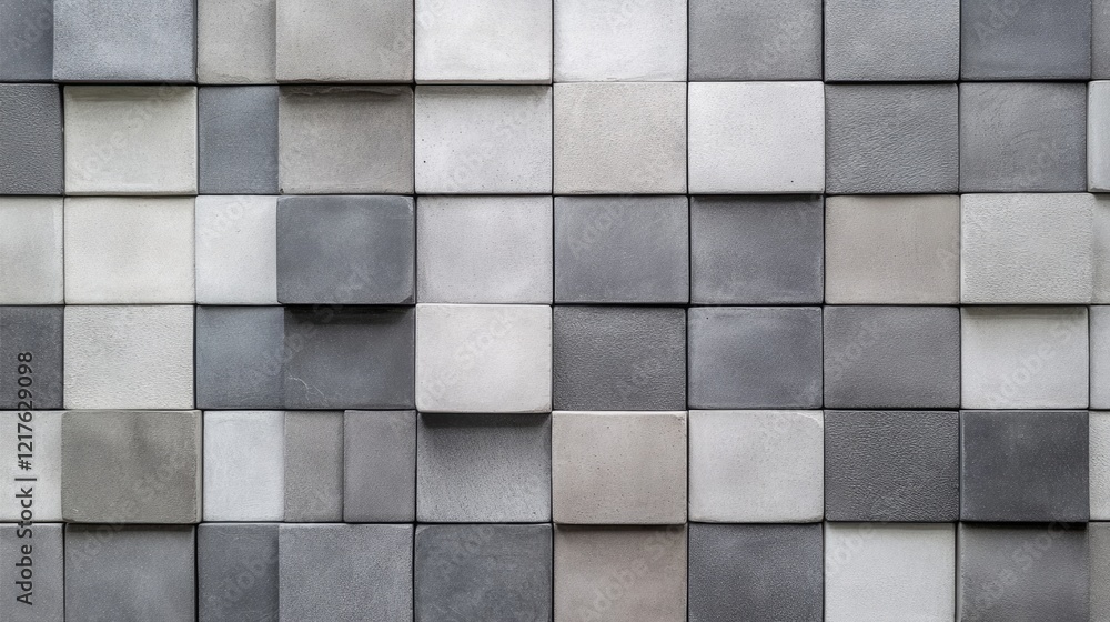 Poster textured wall of square concrete tiles in shades of gray and white arranged in a grid pattern with c