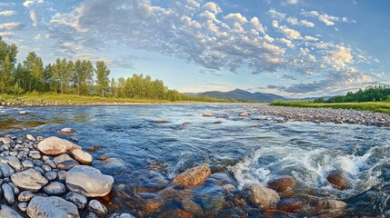 Panoramic view of a tranquil river with rocky shore and cloudy sky in a natural landscape during daytime Copy Space
