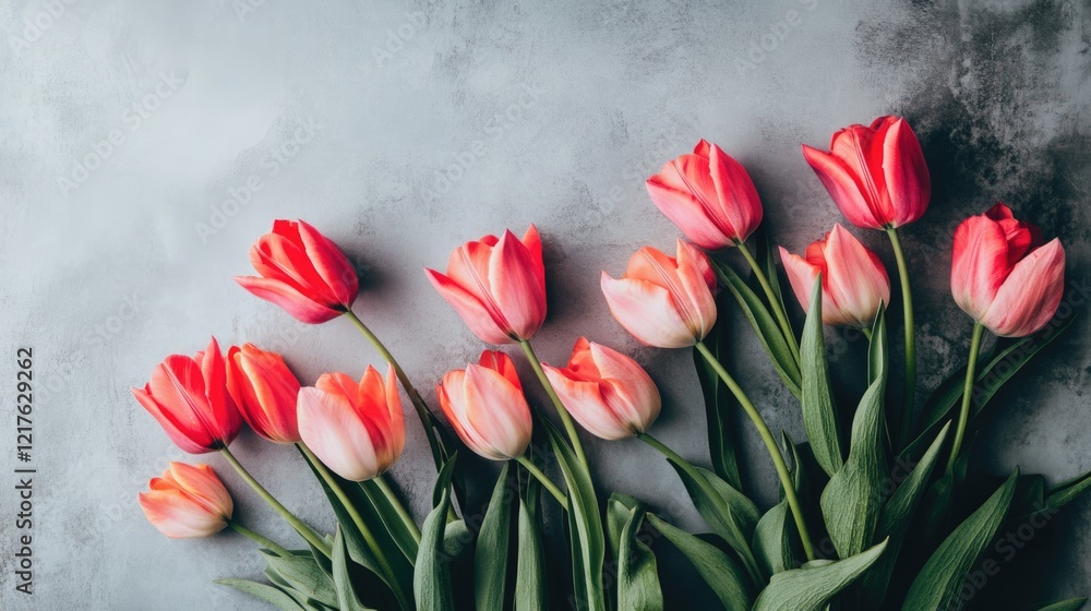 Poster pink and red tulips arranged on a textured gray background with copy space for text placement