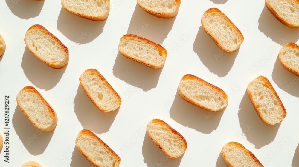 Poster slices of toasted bread arranged in a grid pattern on a white background with shadows and copy space